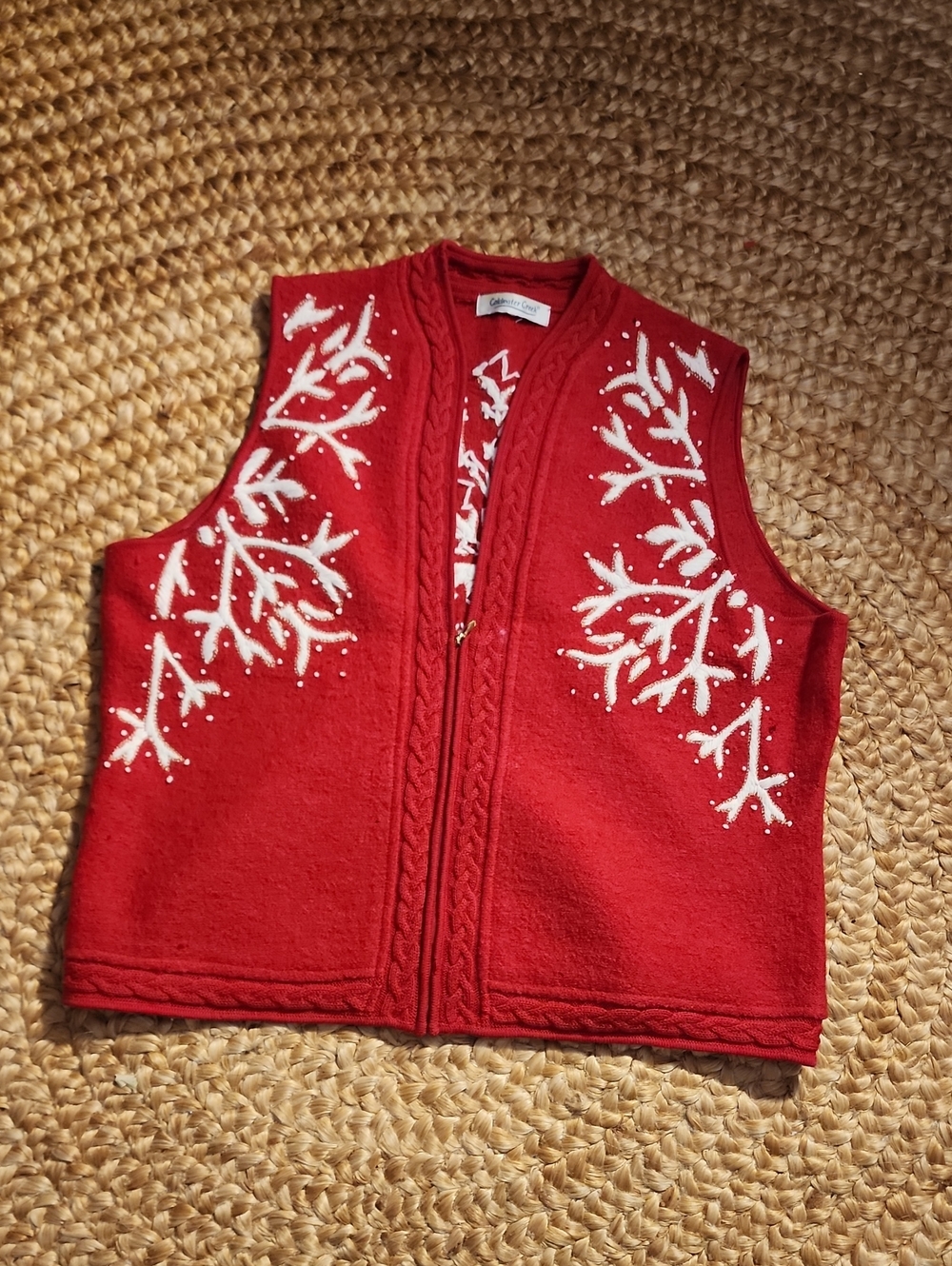 Vintage Red Wool Vest with embroidered Snowflake Motif